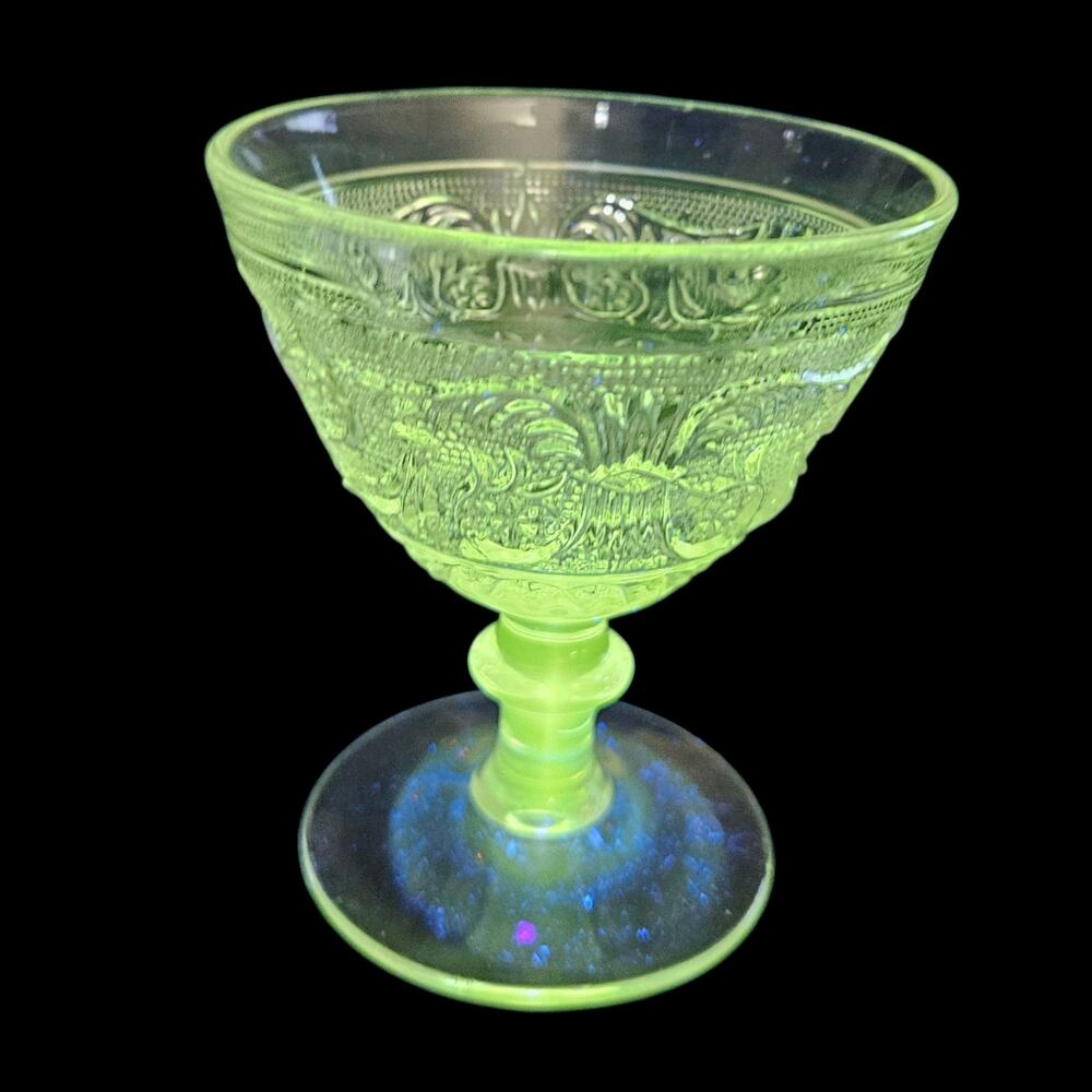 Vintage Pressed Glass Goblets Set of 3 Floral Scroll UV Reactive Clear Glass